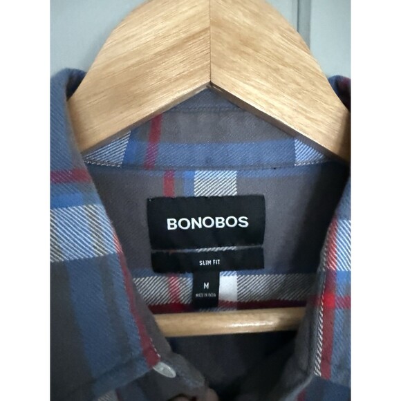 Bonobos Flannel Shirt M Medium Gray Blue Red Plaid Stretch Slim Fit Button Up - Picture 5 of 9